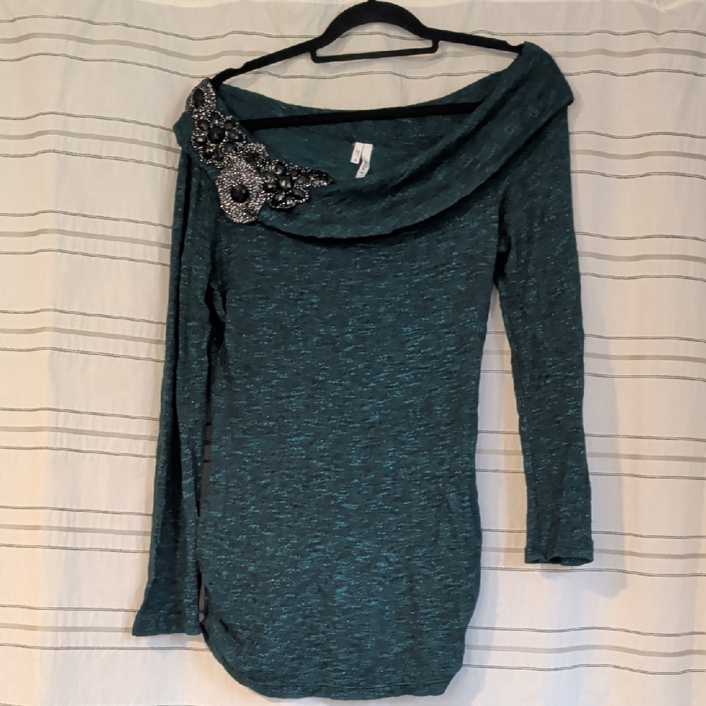 Studio Y Teal Knit Off The Shoulder Long Shirt
